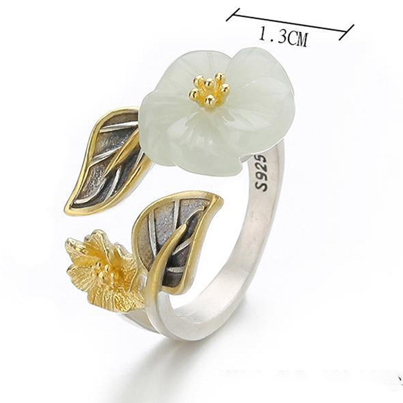 Botanical White Jade Plum Blossom Leaf 925 Silver Plated Copper Ring