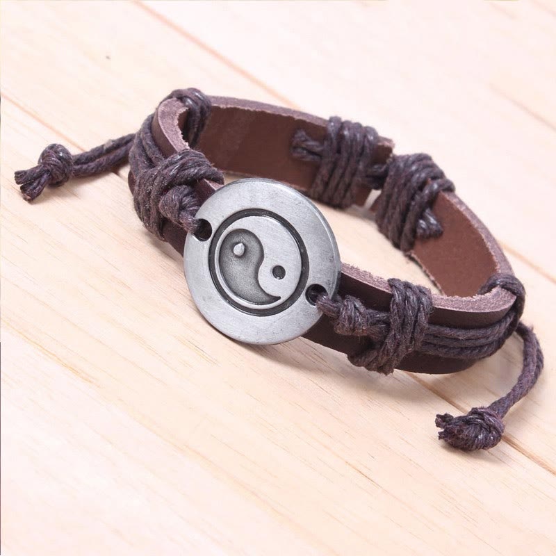 Retro Yin Yang Leather & Wax Rope Harmony Bracelet