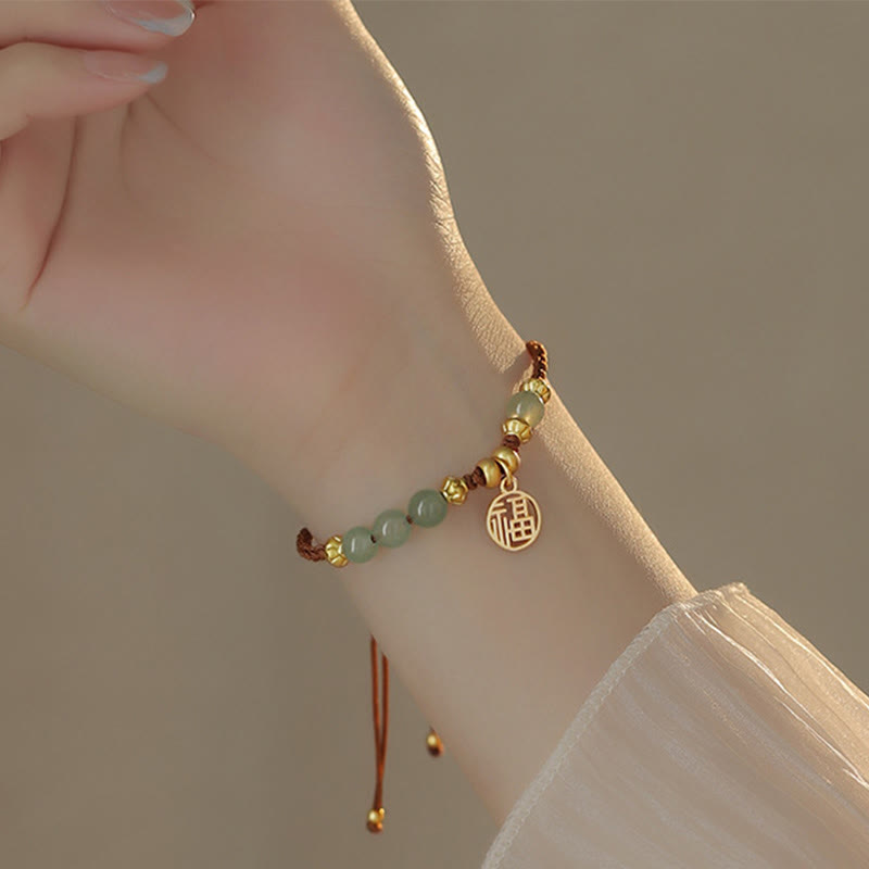 Jade Beads Fu Character Blessing Rope Bracelet