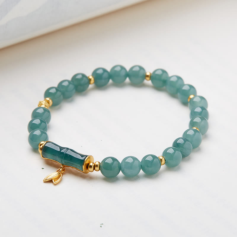 Natural Green Jade & Bamboo Charm Bracelet with Gold Plated 925 Sterling Silver