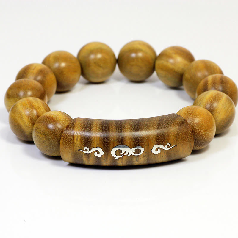 999 Sterling Silver Green Sandalwood Om Mani Padme Hum Dragon Phoenix Dharmachakra Inlaid Peace Bracelet