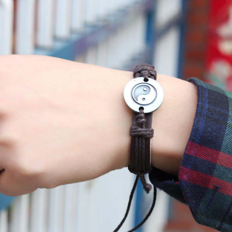 Retro Yin Yang Leather & Wax Rope Harmony Bracelet