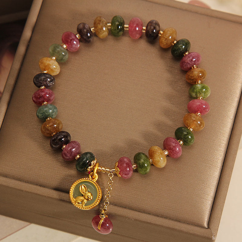 Natural Colorful Tourmaline Cute Rabbit Charm Positive Bracelet