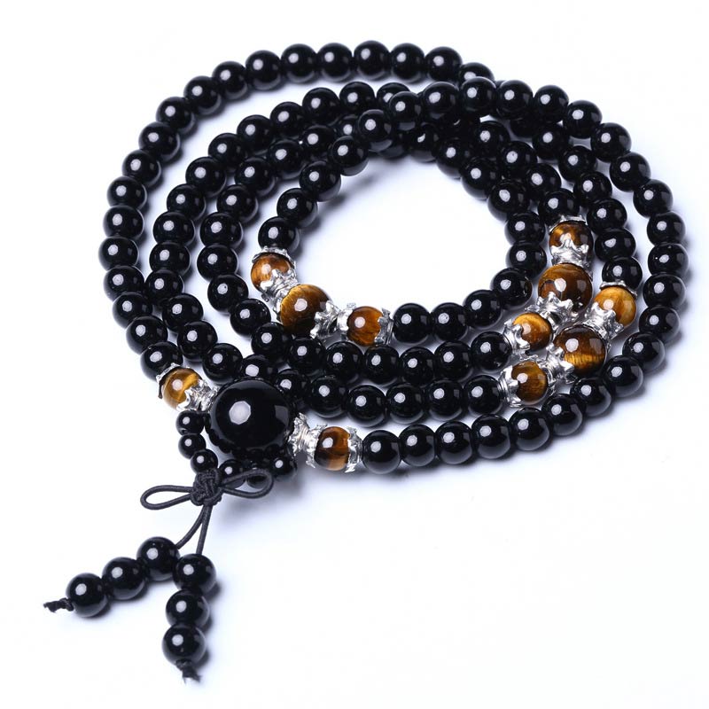 108 Beads Natural Black Obsidian Tiger Eye Mala Bracelet