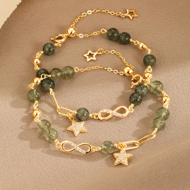 14k Gold Plated Copper Green Rutilated Quartz Möbius Loop Eternal Love Star Protection Bracelet
