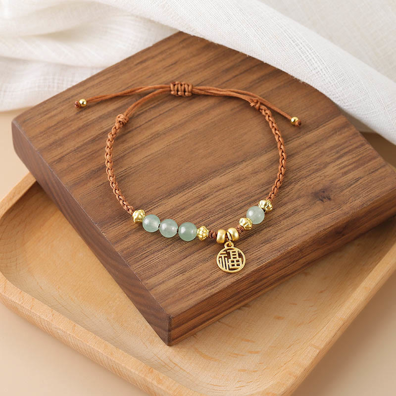 Jade Beads Fu Character Blessing Rope Bracelet