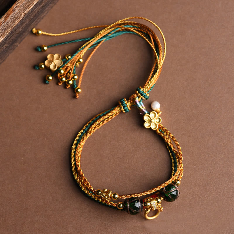 Tibetan Handmade Rope Liuli Glass Bead Braided Multilayered Healing Bracelet