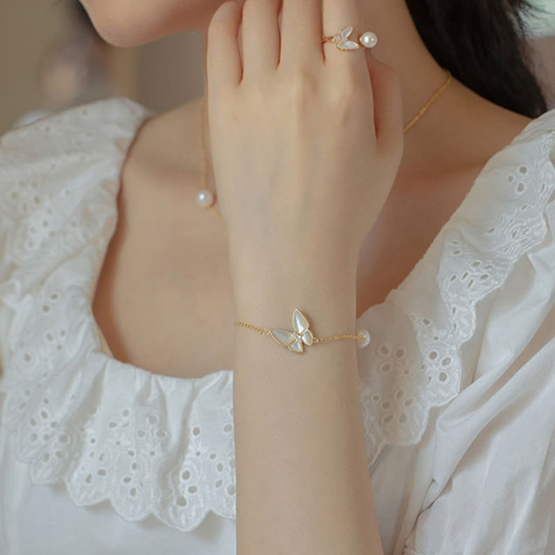 14K Gold Plated Copper Pearl Tridacna Stone Butterfly Blessing Ring Bracelet Necklace Pendant Earrings Set