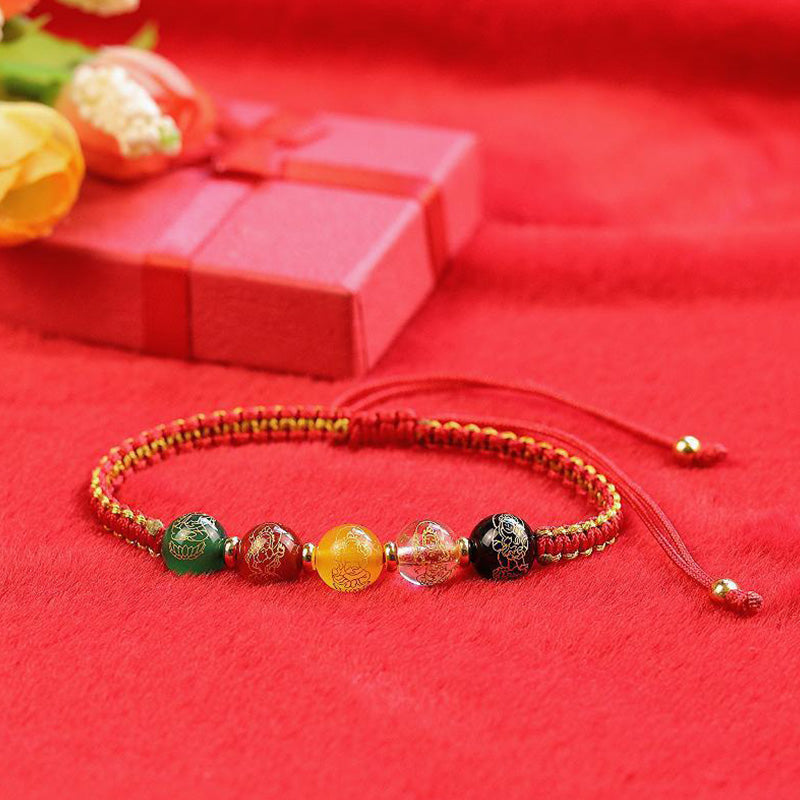 Handmade Five Directions Agate & Onyx Gold Copper Braided Red String Bracelet