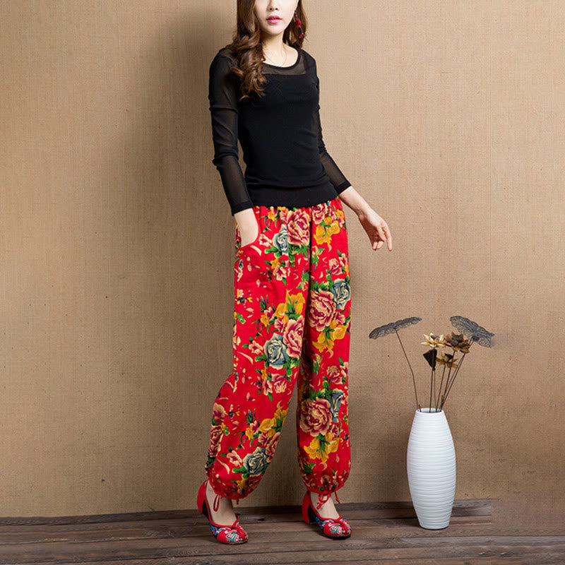 Breathable Floral Meditative Harem Pants with Pockets