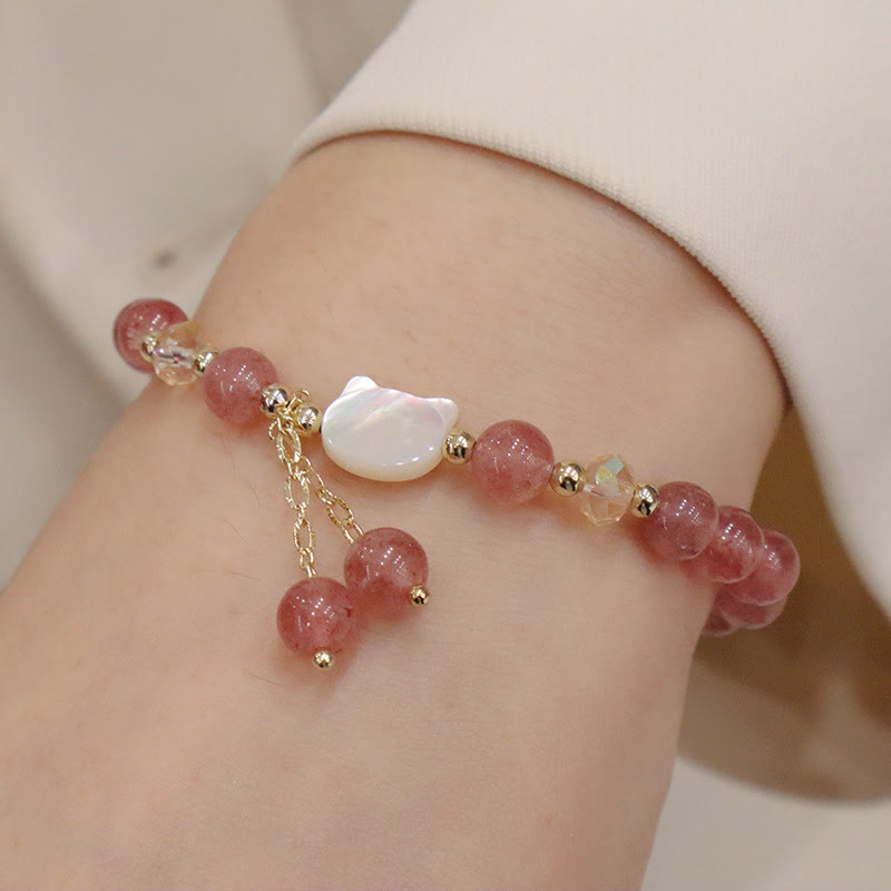Natural Strawberry Quartz & Morganite Tridacna Gemstone Carved Cat Charm Bracelet