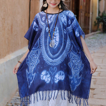 Blue Geometric Batik Draped Travel Meditation Shawl