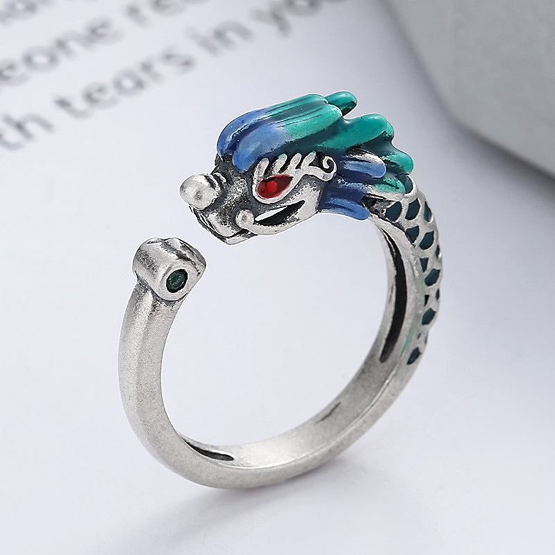 925 Sterling Silver Year Of The Dragon Luck Protection Adjustable Metal Ring