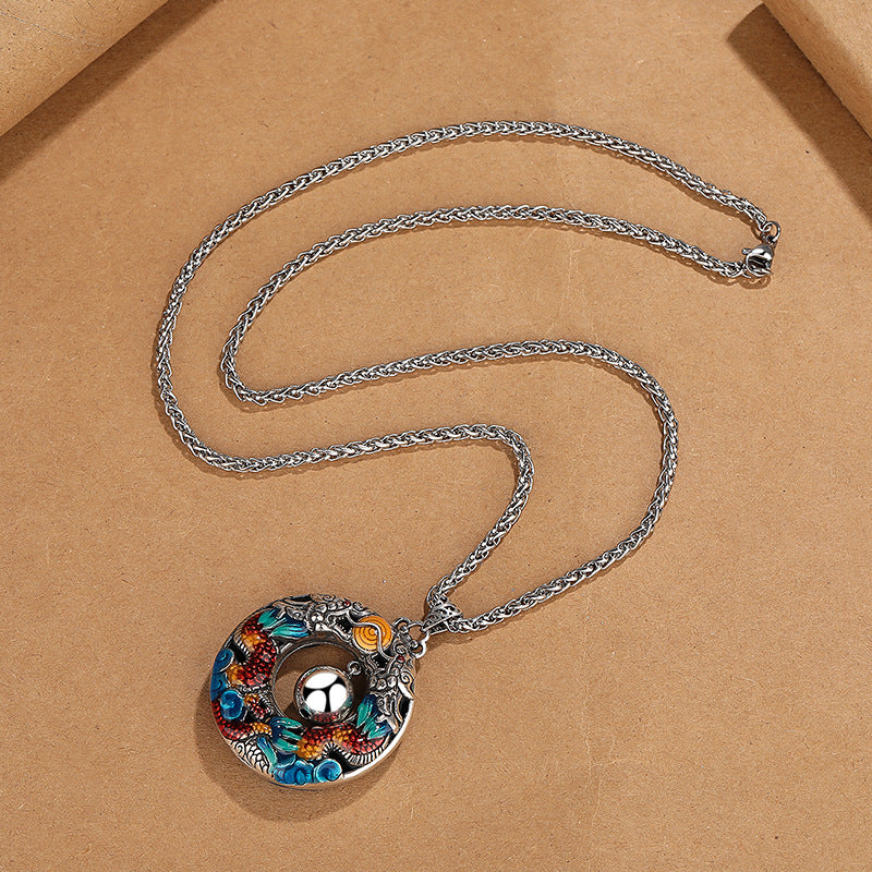 Year of the Dragon Colorful Double Dragons Playing Bead Copper Protection Necklace Pendant