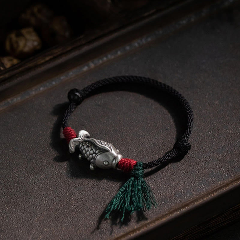 925 Sterling Silver Koi Fish & Yin Yang Braided Cord Bracelet