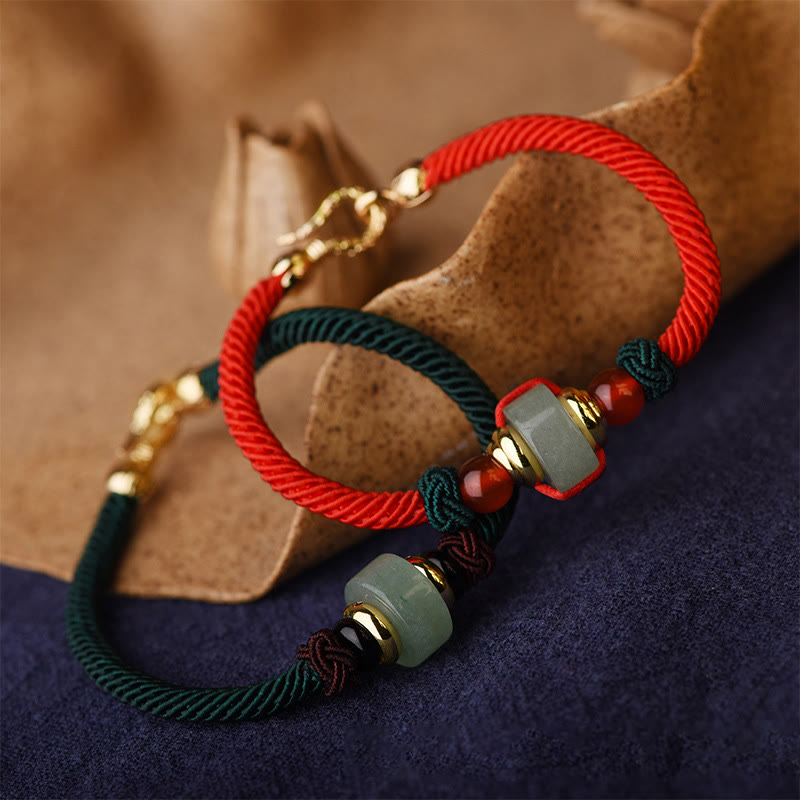 Handmade Tibetan Green Aventurine & Red Agate 14k Gold Red String Braided Bracelet