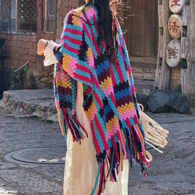 Tibetan Shawl Candy Color Braided Pattern Winter Cozy Travel Knitted Tassel Scarf Wrap