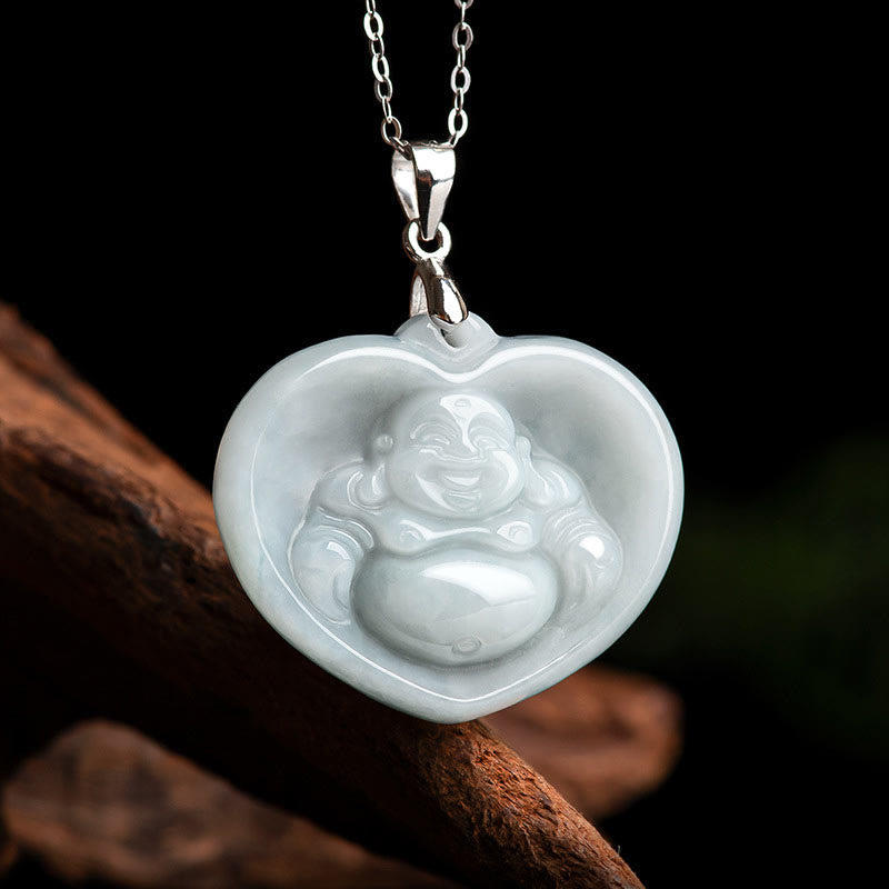 925 Sterling Silver Laughing Buddha White Jade Luck Blessing Necklace Pendant