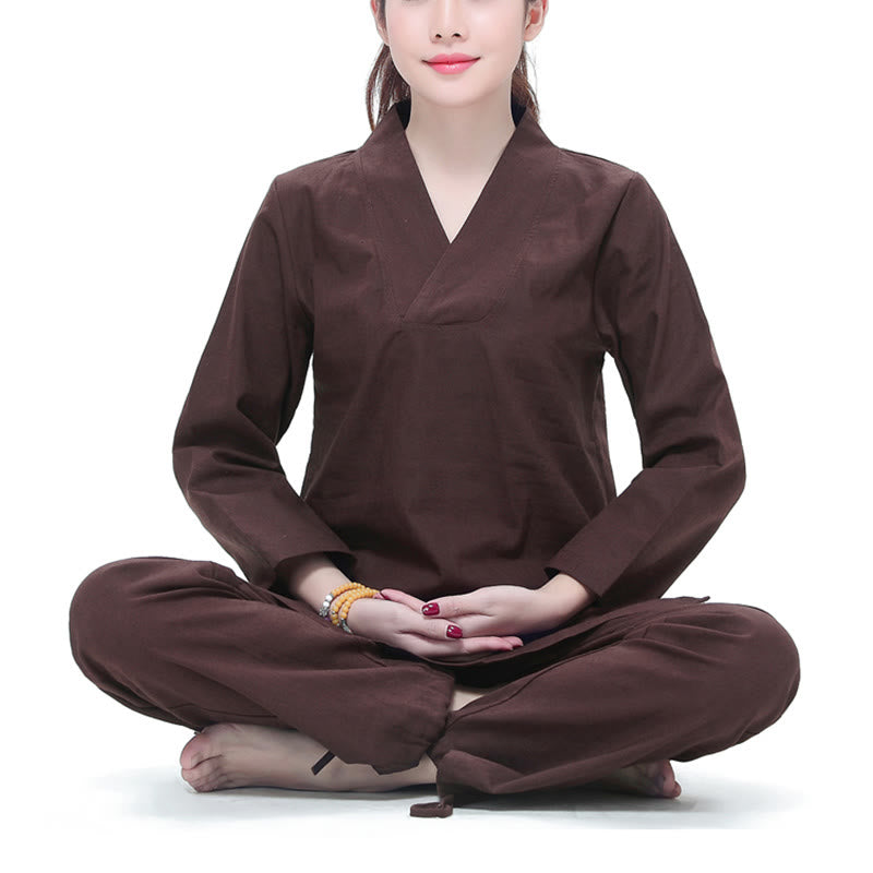 Zen Practice Yoga Meditation Prayer V-neck Design Uniform Cotton Linen Clothing Women's Set
