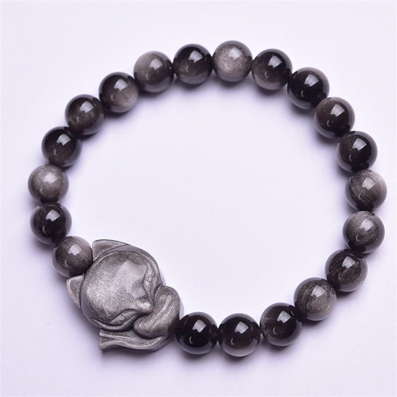 Natural Silver Sheen Obsidian Hand-Carved Fox Beaded Elastic Bracelet