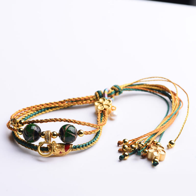 Tibetan Handmade Rope Liuli Glass Bead Braided Multilayered Healing Bracelet