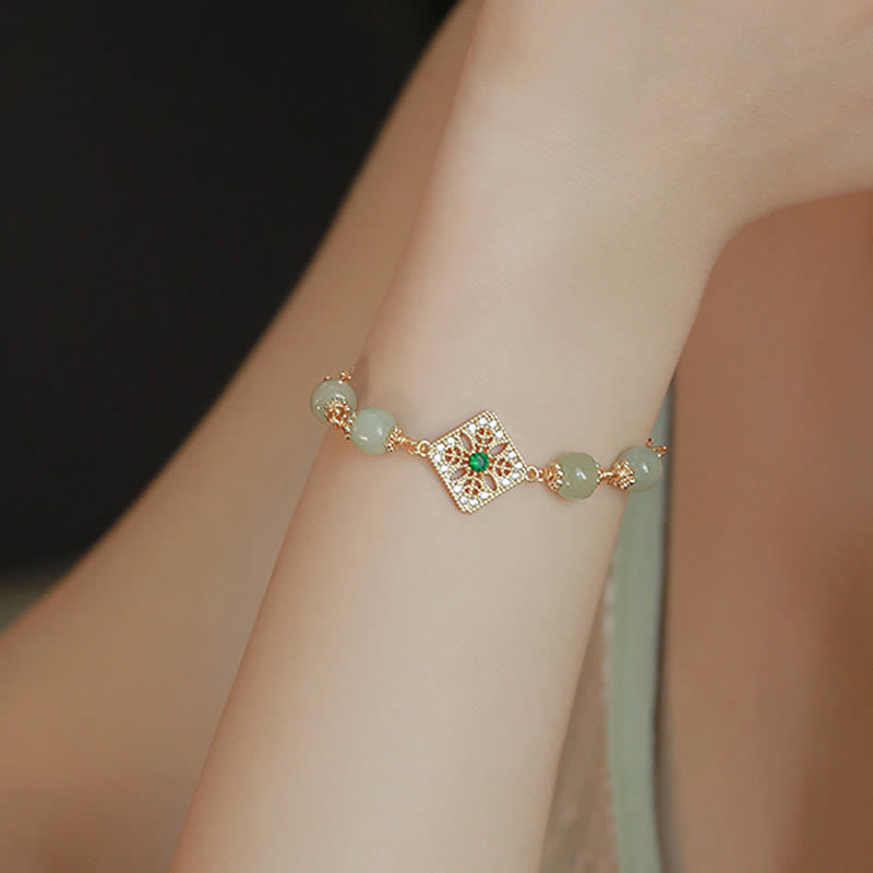 Handcrafted Natural Hetian Jade Bead Square Pattern Chain Bracelet