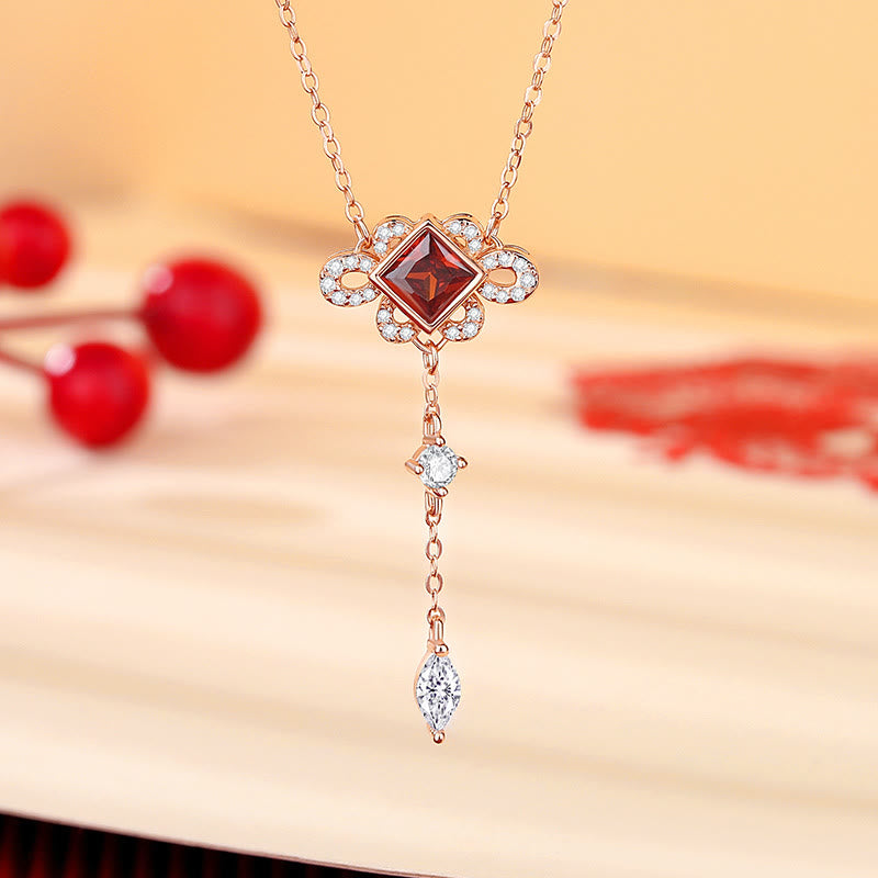 925 Sterling Silver Chinese Knotting Red Zircon Wealth Necklace Pendant Bracelet Earrings Set