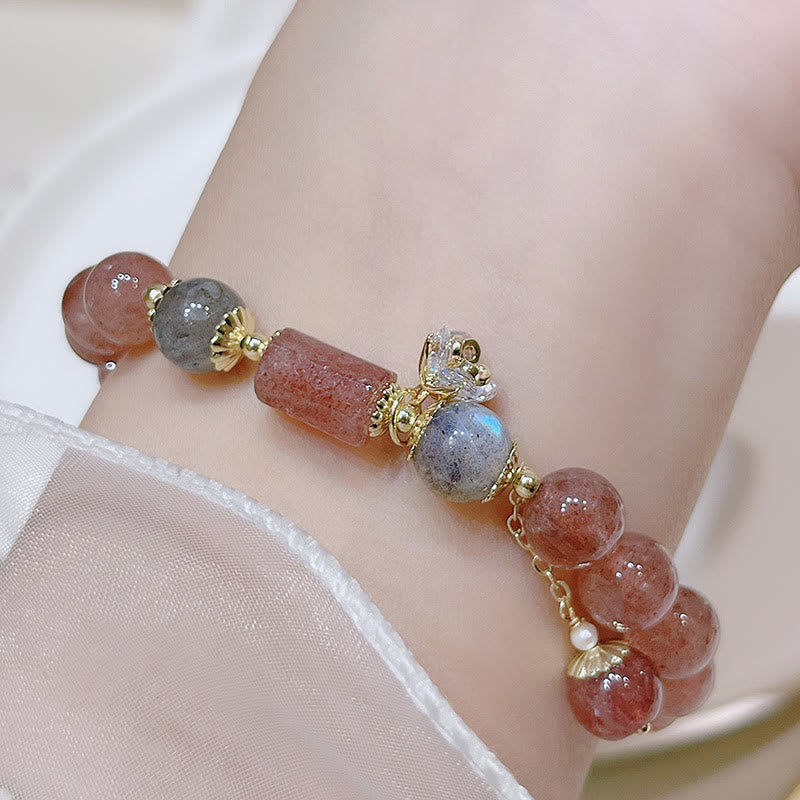 Natural Strawberry Quartz and Moonstone Stretch Gemstone Bracelet