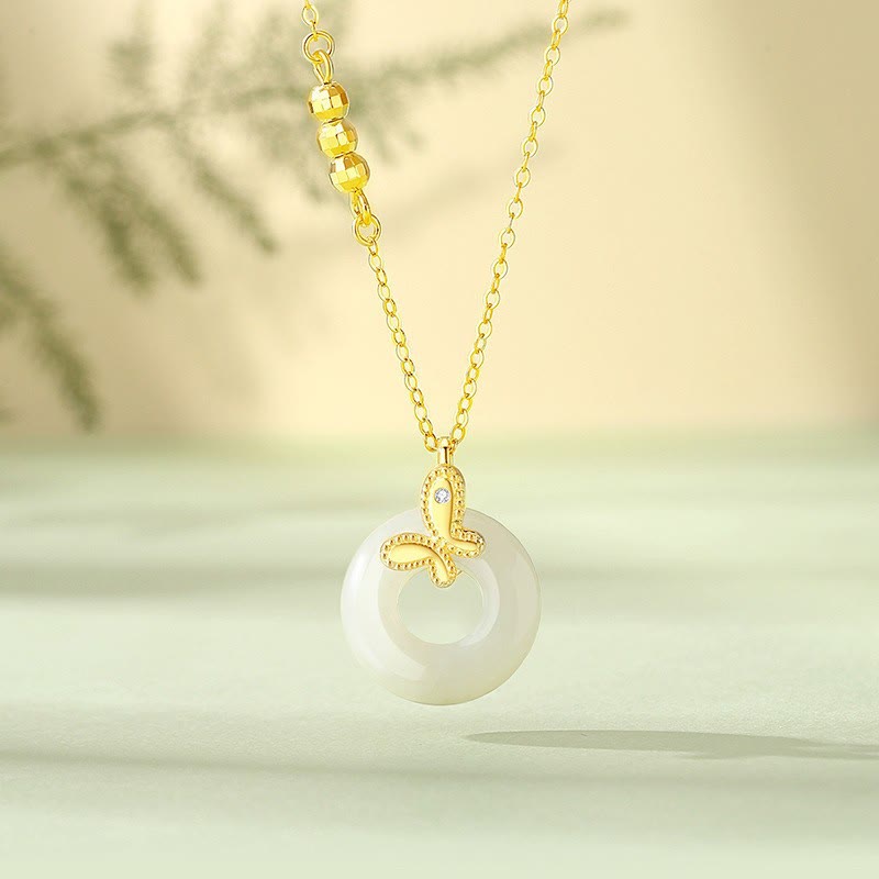 925 Sterling Silver Ginkgo Leaf Butterfly Rose Chalcedony Hetian Jade Peace Buckle Fu Character Harmony Necklace Pendant