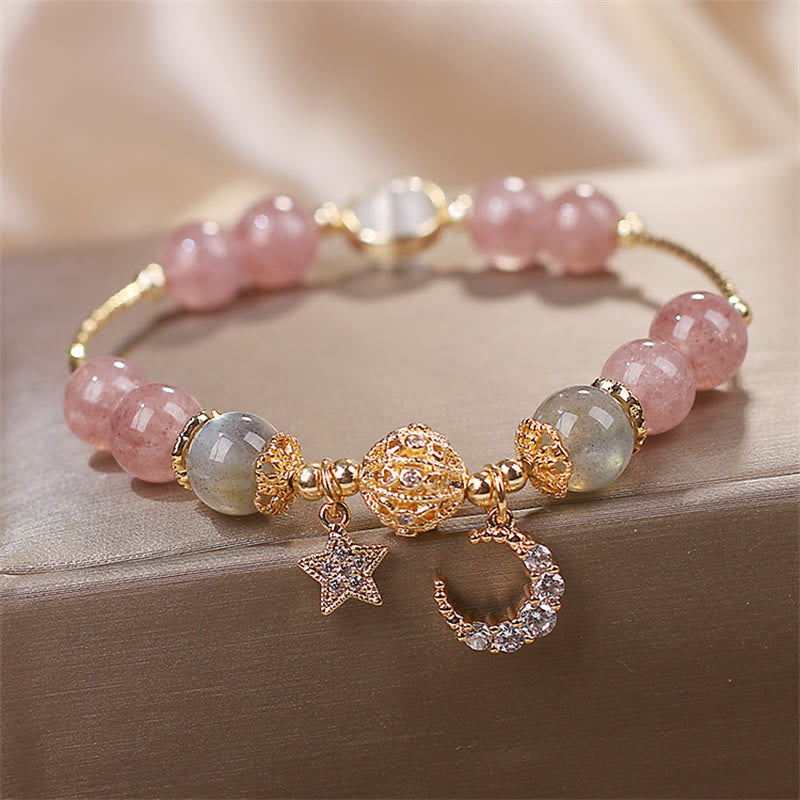 Celestial Strawberry Quartz, Moonstone & Cat's Eye Moon Star Gemstone Bracelet