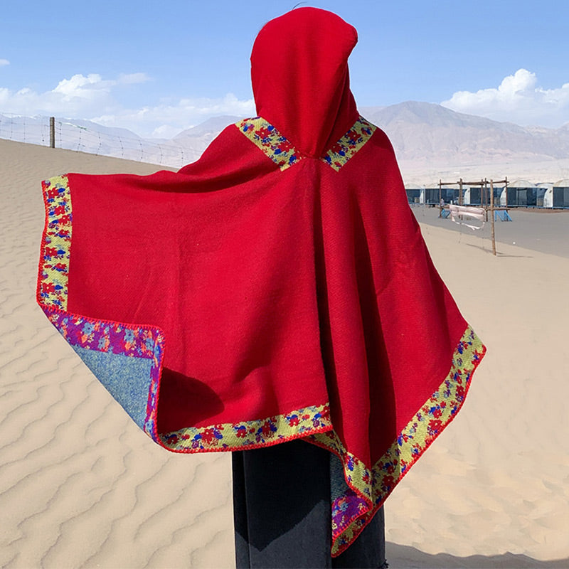 Tibetan Shawl Border Small Floral Flower Hooded Cloak Winter Cozy Travel Scarf Wrap