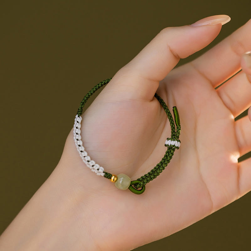 925 Sterling Silver Hetian Jade Bead Luck Braided Rope Bracelet