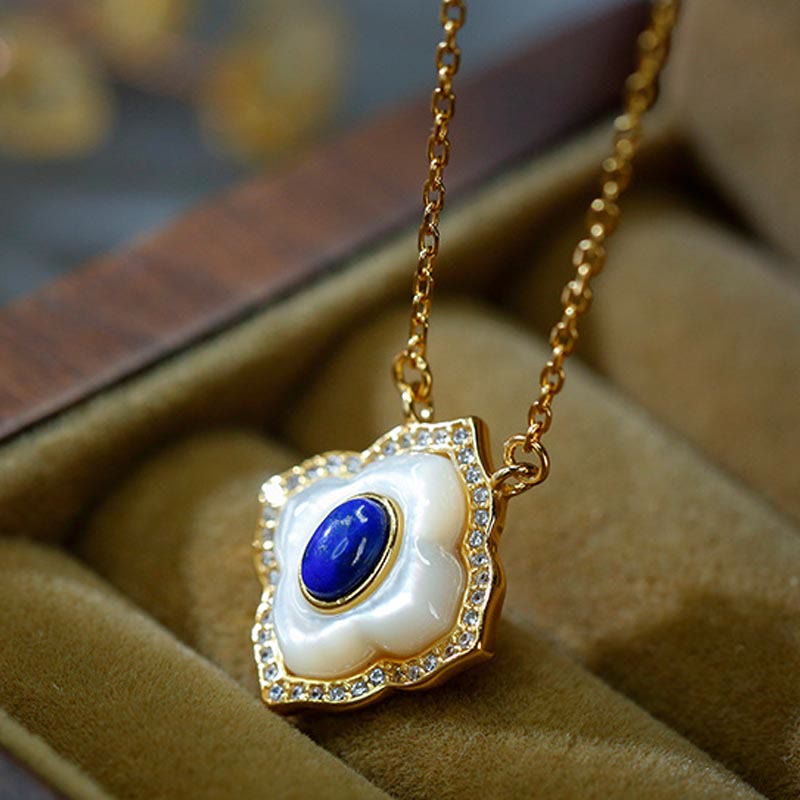 925 Sterling Silver Tridacna Stone Lazurite Prismatic Design Blessing Earrings Necklace Pendant Jewelry Set