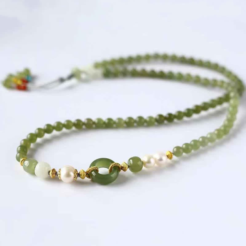 Refined Hetian Jade and Pearl Ping An Kou Peace Buckle String Bracelet