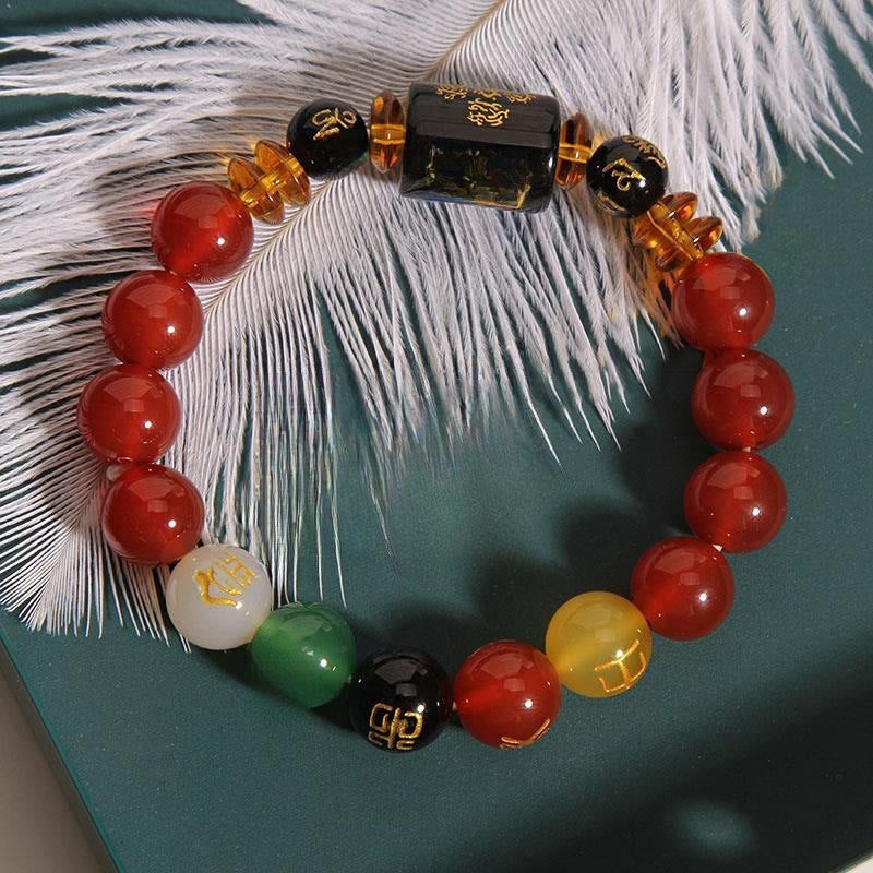Five Elements Black Onyx Red Agate Wisdom Wealth Bracelet