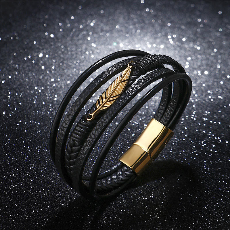 Feather Pattern Multilayer Leather Titanium Steel Calm Braided Magnetic Buckle Bracelet