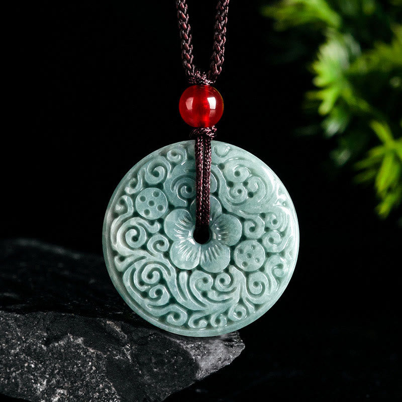 Green Jade Flower Carved Peace Buckle Abundance Necklace Pendant
