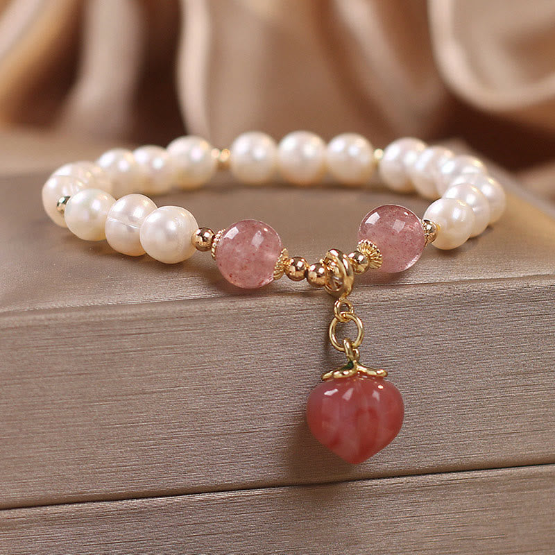 Natural Strawberry Quartz & Pearl Peach Heart Charm Beaded Bracelet