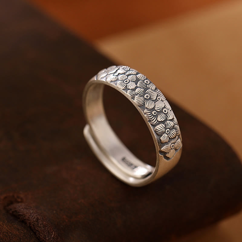 999 Sterling Silver Lotus Flower Plum Blossom Auspicious Clouds Engraved Enlightenment Ring
