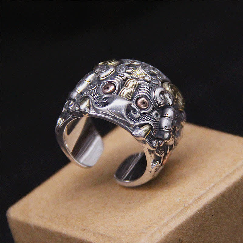 925 Sterling Silver Mythical Dragon and Kui Ox Adjustable Ring