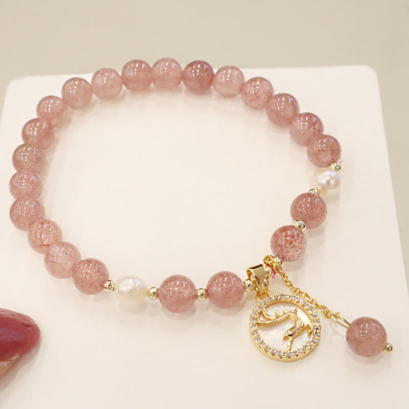 Strawberry Quartz Pearl Elk Smiley Face Fishtail Fu Character Charm Healing Bracelet