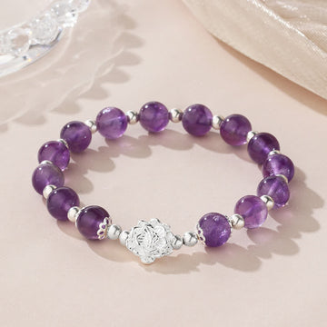 Natural Amethyst & 925 Sterling Silver Lotus Charm Handmade Stretch Bracelet