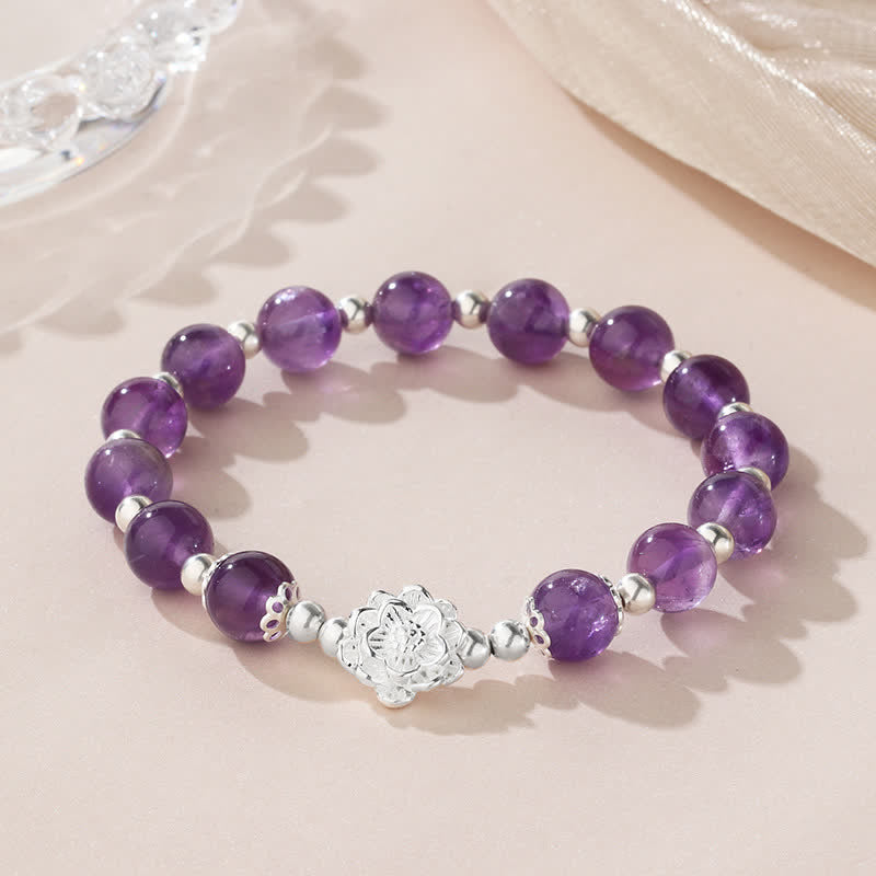 Natural Amethyst & 925 Sterling Silver Lotus Charm Handmade Stretch Bracelet
