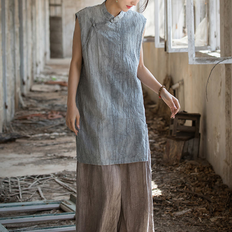 Handmade Tie Dye Ramie Linen Frog-Button Sleeveless Vest