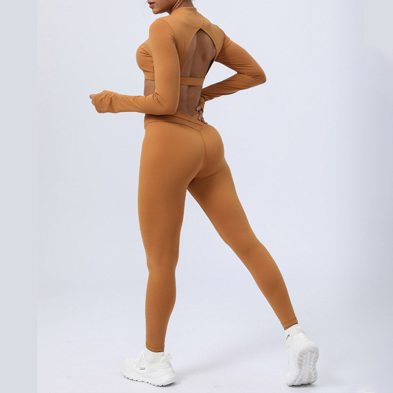 2Pcs Long Sleeve Backless Top Bra Leggings Pants Fitness Yoga Outfit Set