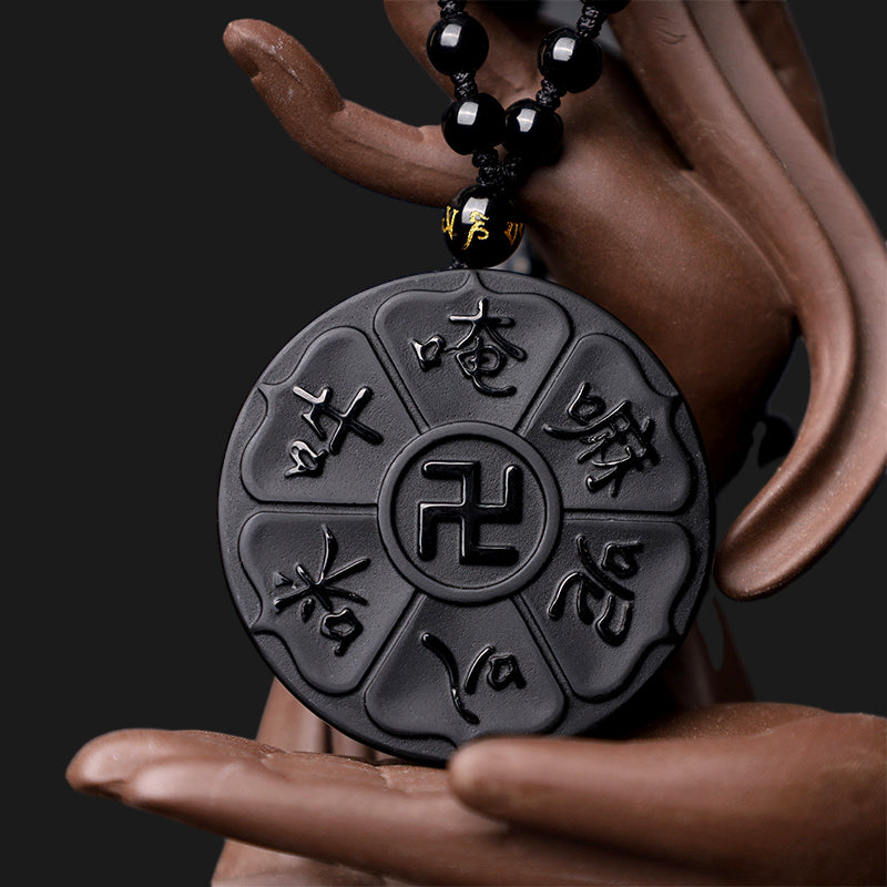 Natural Black Obsidian Tibetan Om Mani Padme Hum Buddha Swastika Luck Necklace Pendant