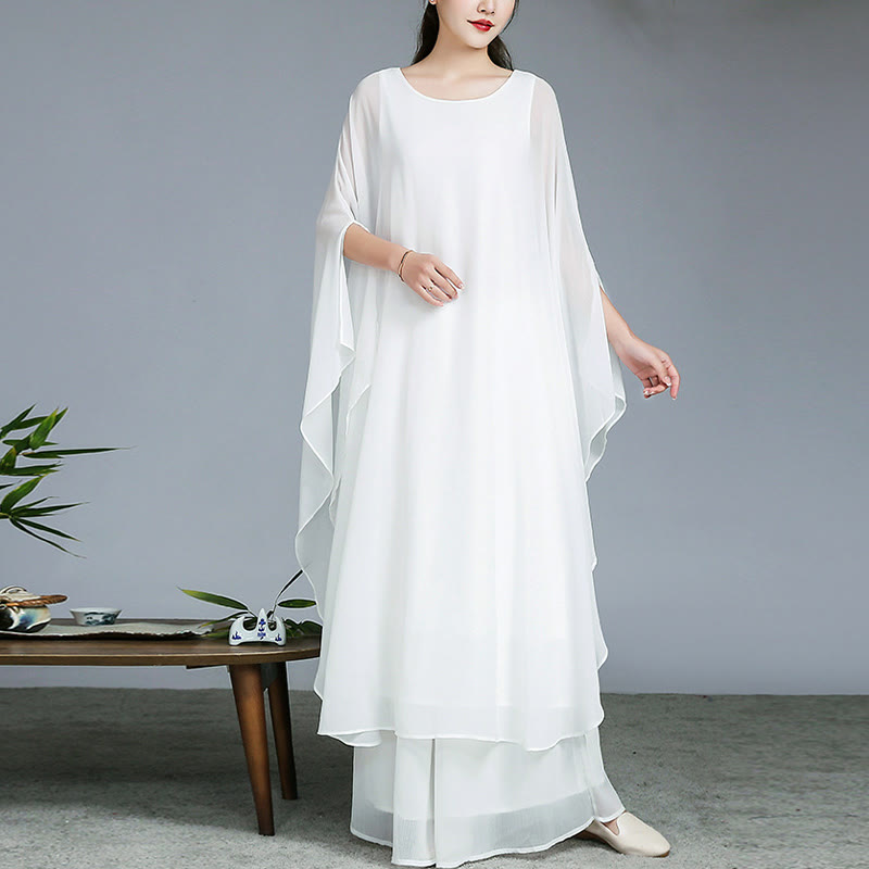 Lightweight Chiffon Flowing Midi Dress and Wide-Leg Meditation Set