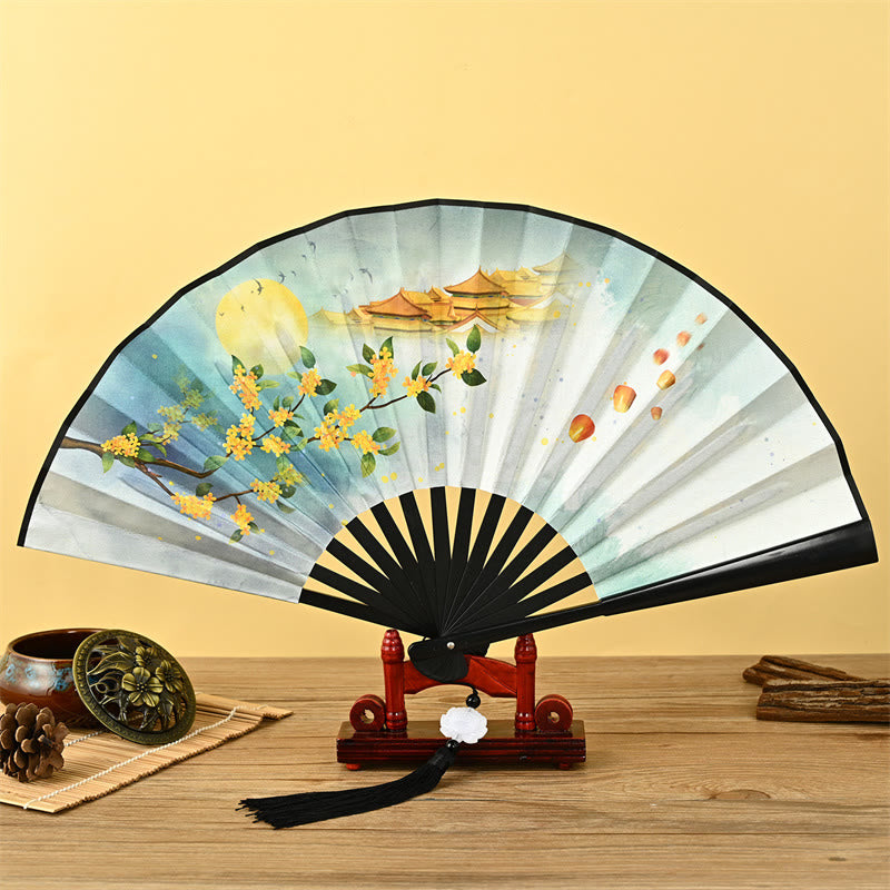 Vintage Phoenix Nine Tailed Fox Flower Bamboo Tiger Handheld Folding Fan Lotus Tassel Fan