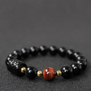 Ebony Wood & Black Obsidian Gold Sterling Silver Tiger Eye Beaded Couple Bracelet