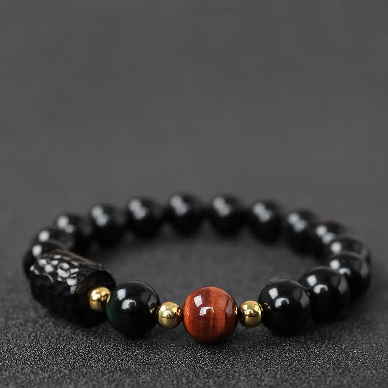 Ebony Wood & Black Obsidian Gold Sterling Silver Tiger Eye Beaded Couple Bracelet